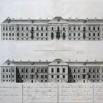 Фасады Императорской библиотеки и Кунсткамеры на восток. Не позднее 1737 г. Гравюра Г.Качалова.