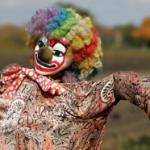 Пугало-клоун на тыквенном поле ожидает приближения Хэллоуина