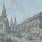 Первое здание Московского Университета на Красной площади (слева). Безымянная гравюра. Начало XIX века.