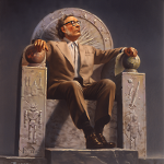 Айзек Азимов на троне с символикой из его работ. Иллюстрация Ровены Моррилл. 2005 г.